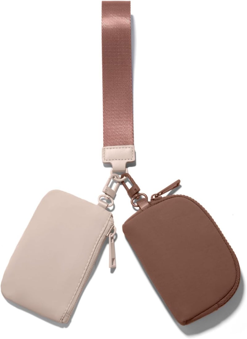Viverte Mini Zip Around Keychain Wristlet Wallets Small Portable Dual Pounch Wristlet Detachable Coin Purse Pocket Gifts for Women Travel Sports Outdoors (Beige+Brown) - Image 1